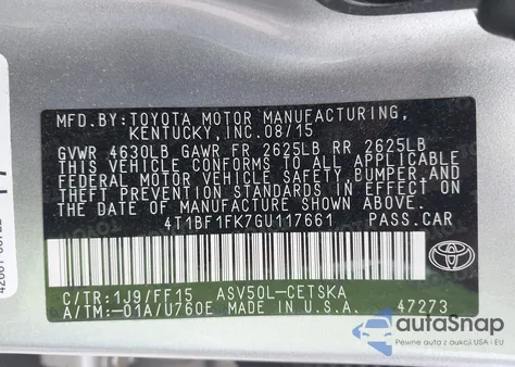 2016 Toyota Camry Se z USA, uszkodzony, nr VIN 4T1BF1FK7GU117661